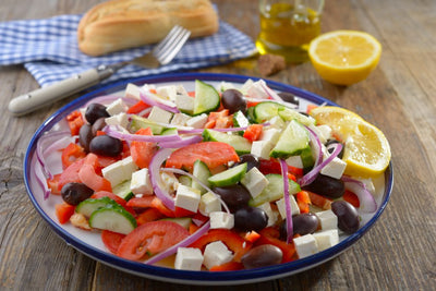 Greek Horiatiki Salad with Olive Oil, Tomatoes, Feta Cheese Recipe