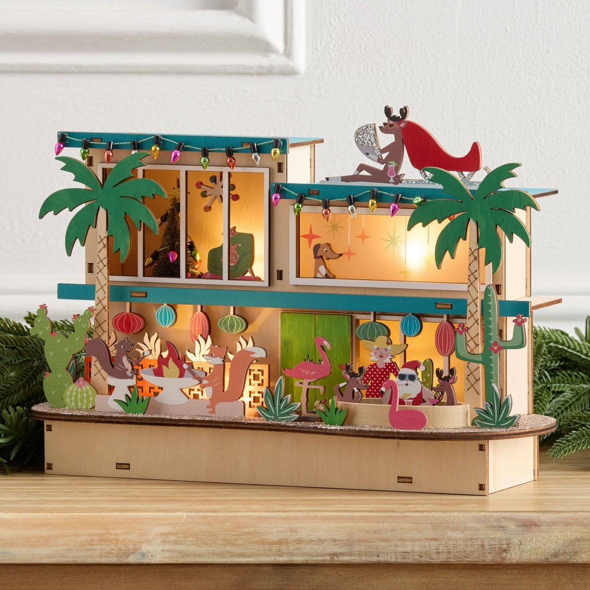 LED Wood Vacation House with Automatic Timer and Retro Holiday Scene