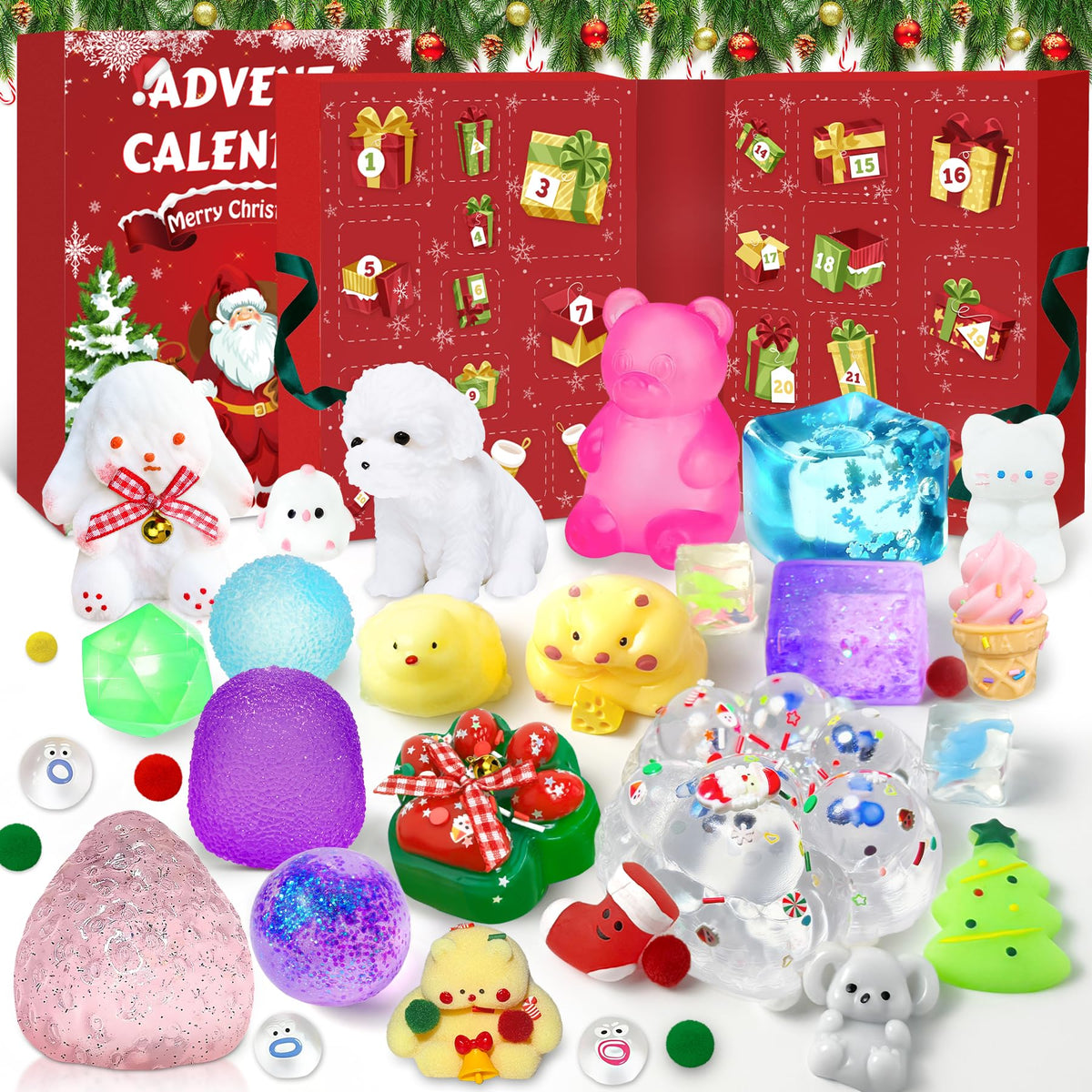Advent Calendar with 24 Squishy Toys and Expandable Display Box for Kids