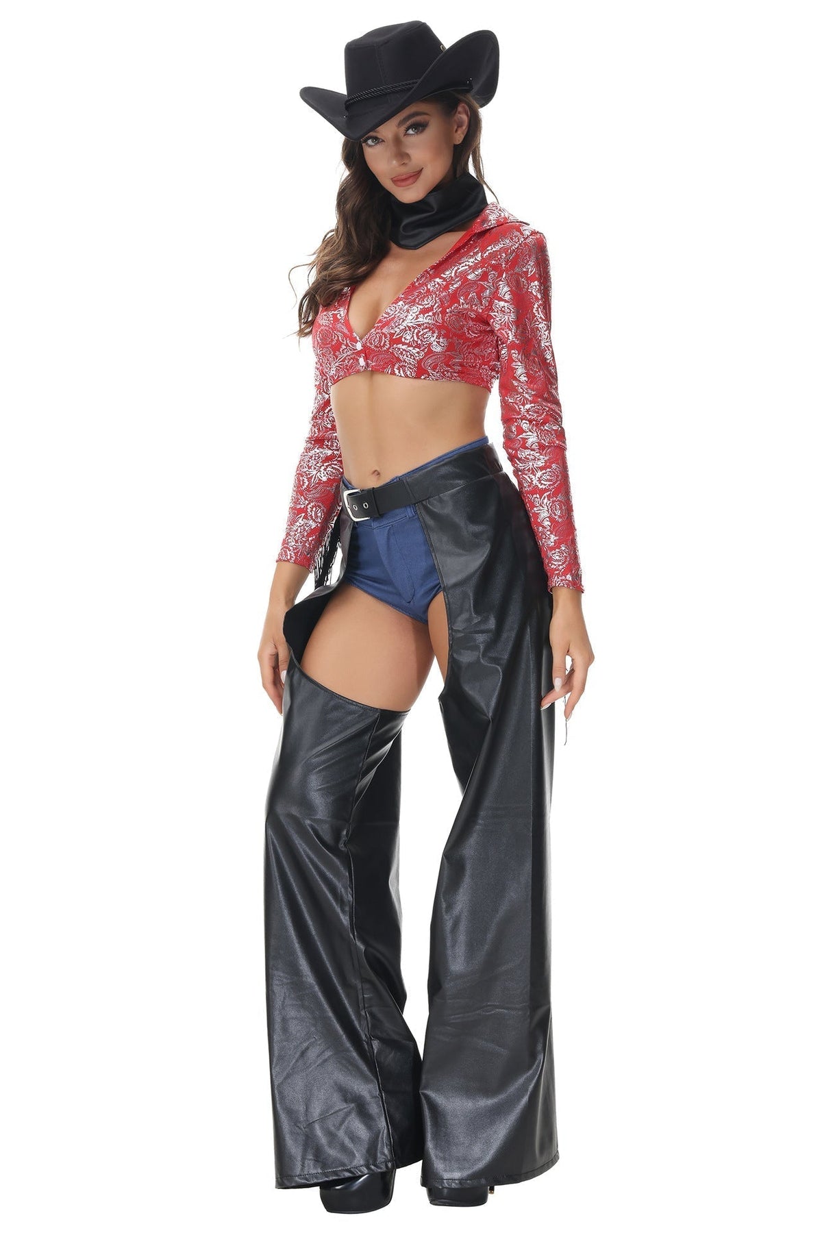 Fringe Cowgirl Costume Set with Floral Crop Top and Open Side Pants