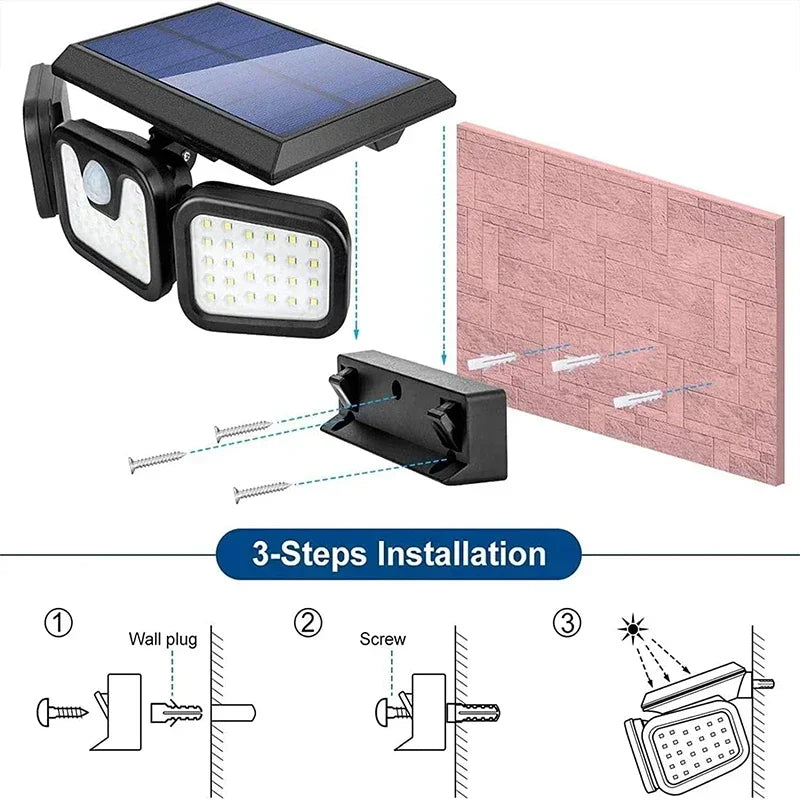 Solar Motion Sensor Light with 74 LED Bulbs and Three Lighting Modes for Outdoor