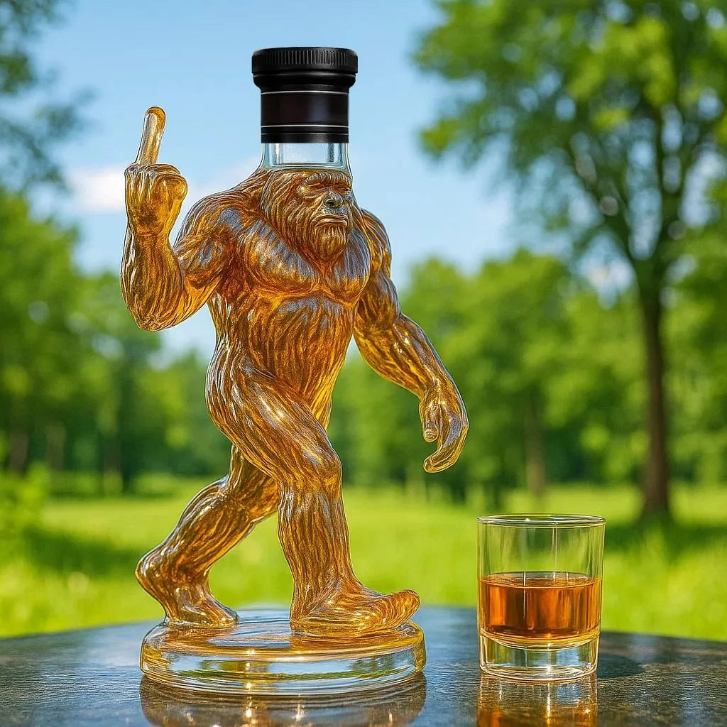 Hand-Blown Glass Decanter with Bigfoot Sculpture and Sealing Stopper, 25.3 oz