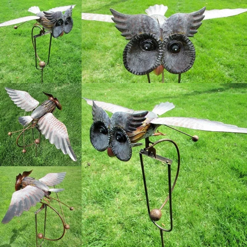 Metal Bird Wind Sculpture with Flapping Wings and Ground Stake, Animal Deterrent
