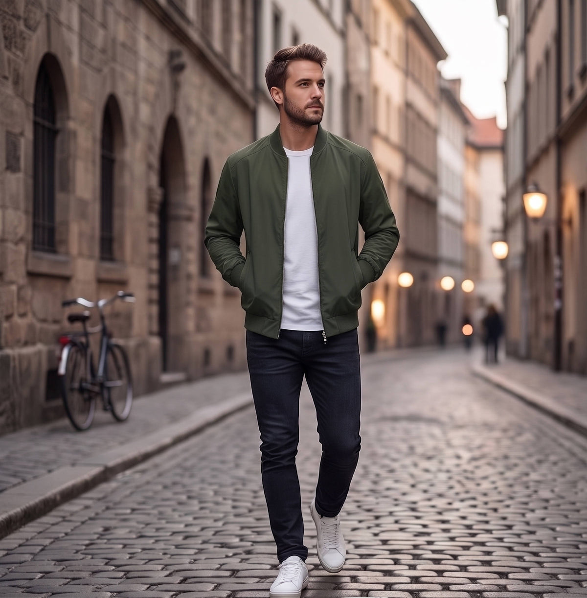 Men's Bomber Jacket with Metal Zipper and Rib Knit Cuffs, Matte Wind-Blocking