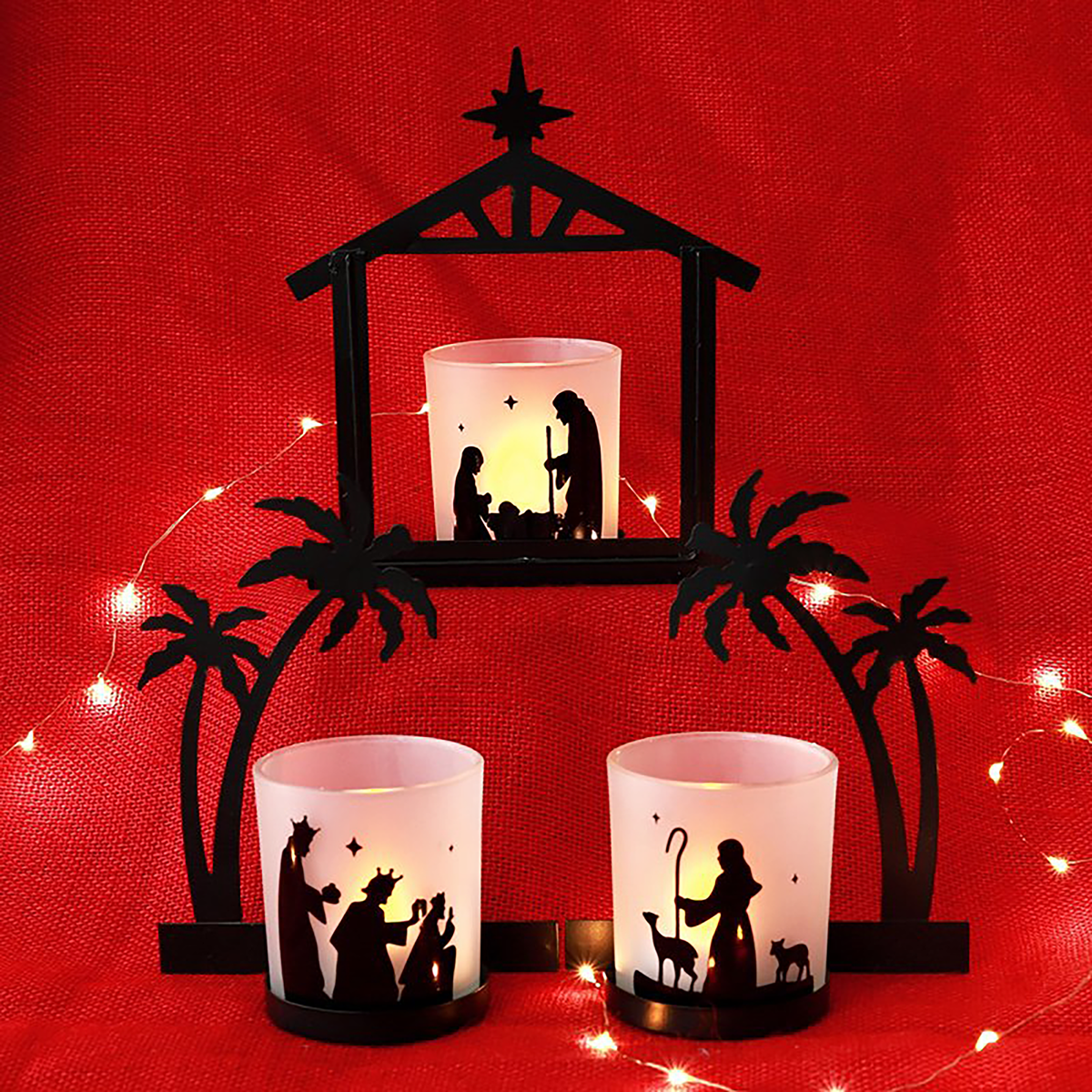 Nativity Candle Holder Set with Glass Cups and LED Tealights, Three-Piece Metal Display