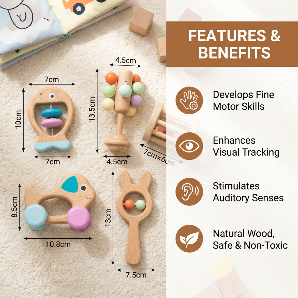Wooden Rattle and Musical Toy Set for Newborns with Rounded Edges
