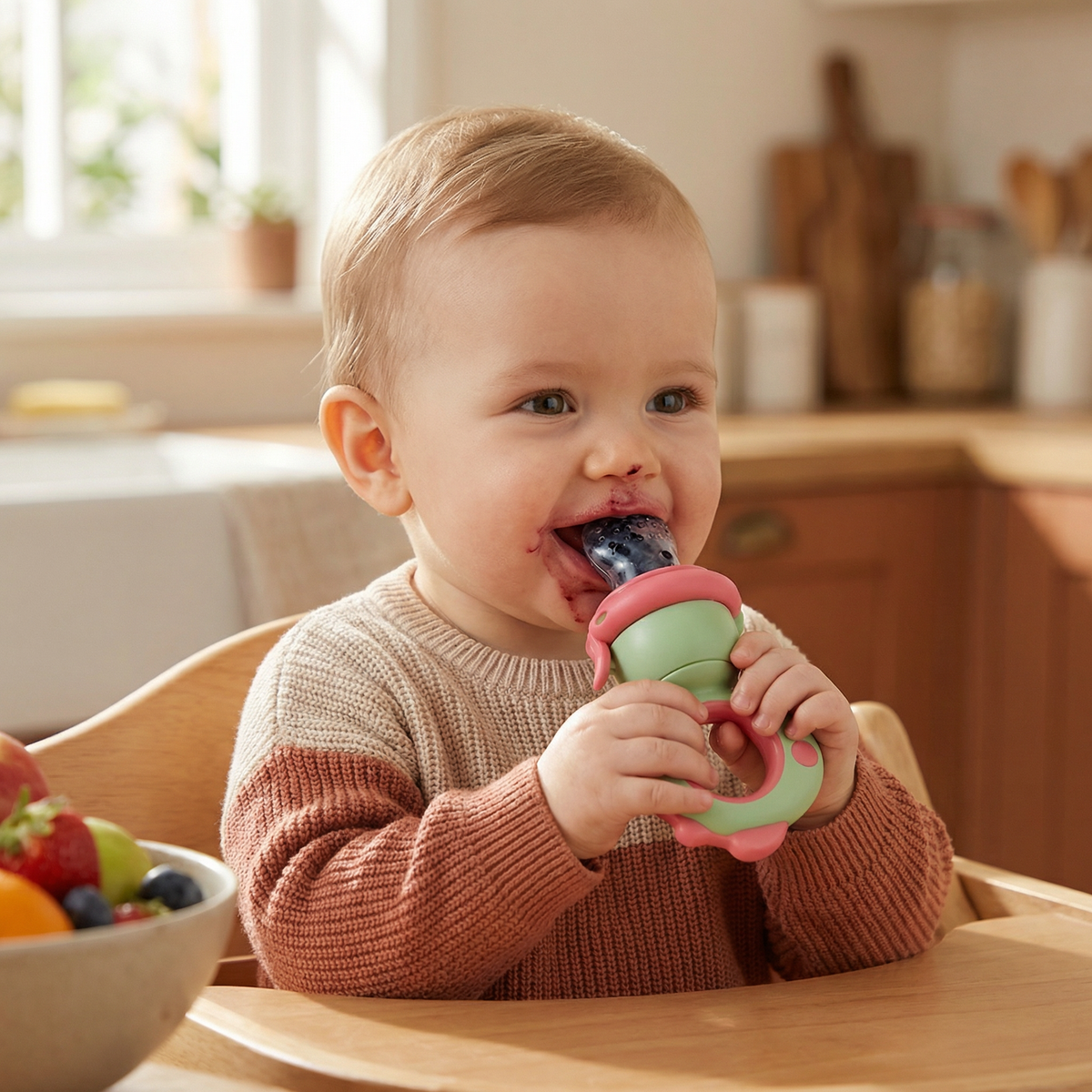 Silicone Fruit Feeder with Press Plunger and Teething Relief for Babies