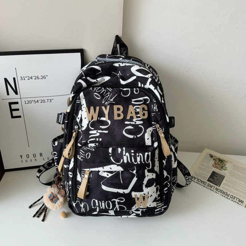 Graffiti Print Backpack with Padded Straps and Weather Resistant Fabric, Multiple Compartments
