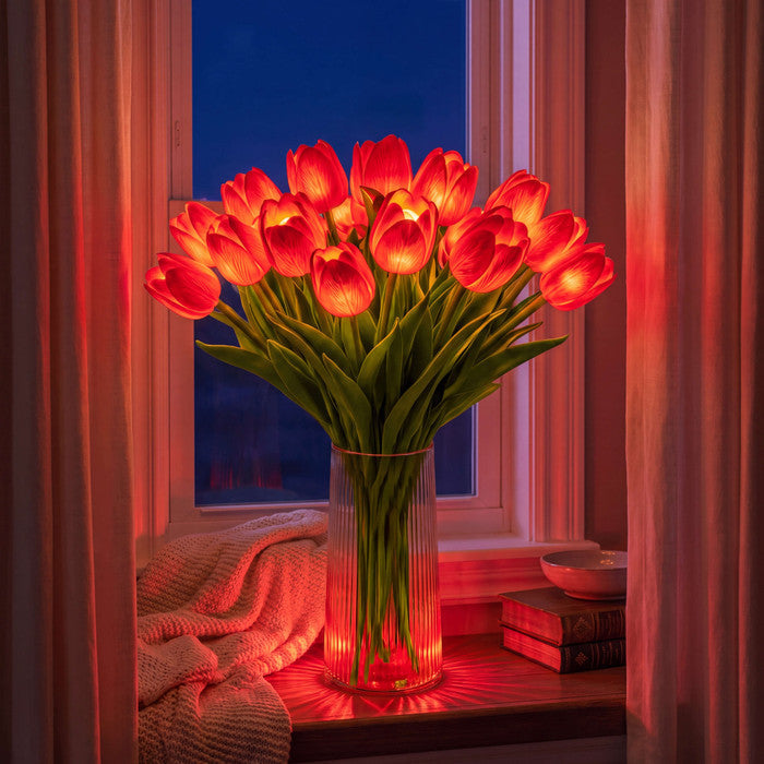 Light Up Tulip Bouquet with Ten Glowing Blooms Battery Powered in Yellow Blue Pink Or Red