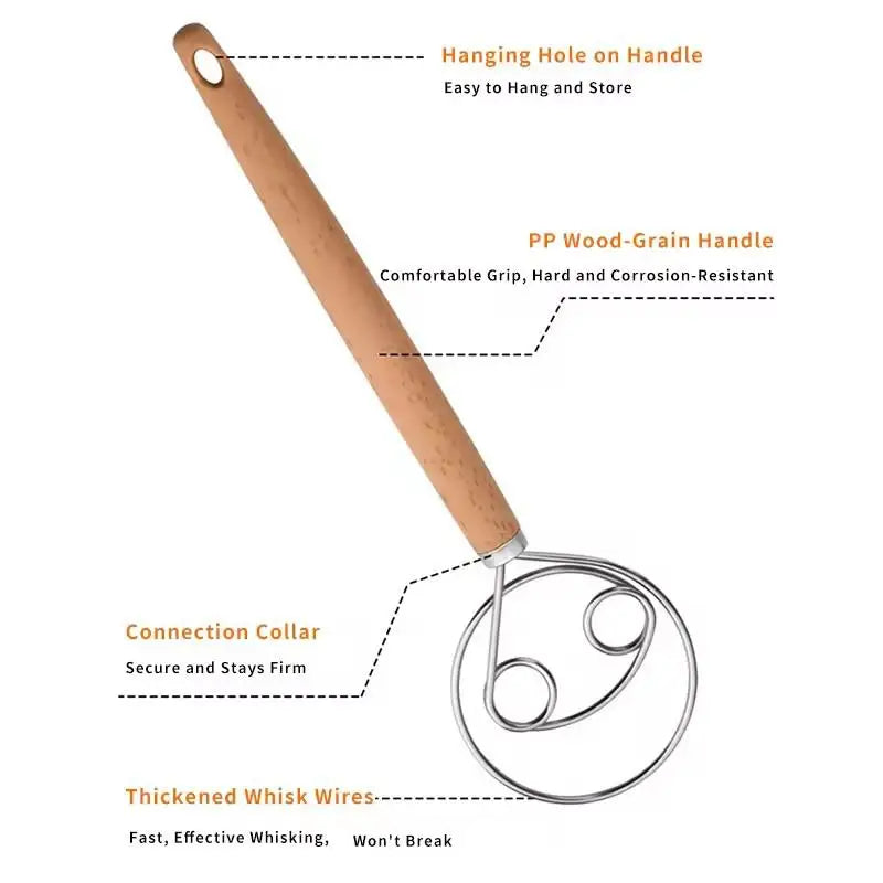 Dough Whisk with Open Coil and Beechwood Handle for Bread Mixing