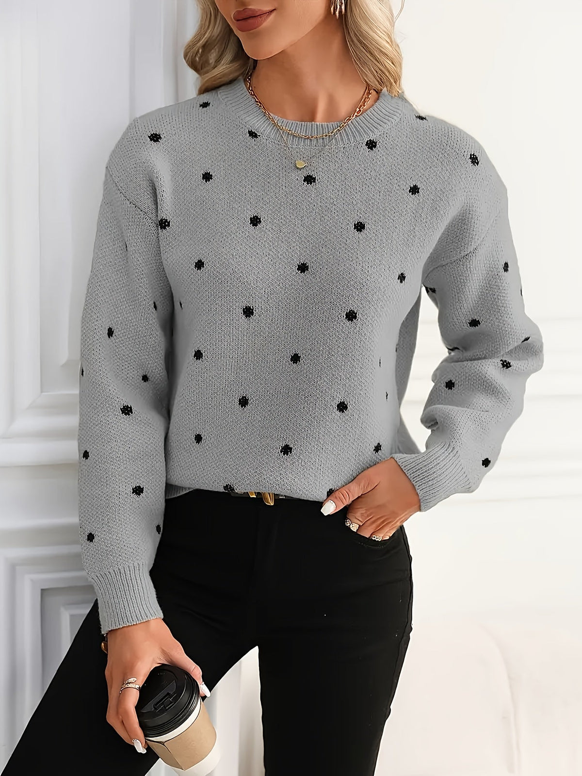 Womens Polka Dot Crew Neck Sweater with Soft Warm Knit and Relaxed Fit in Khaki or Gray