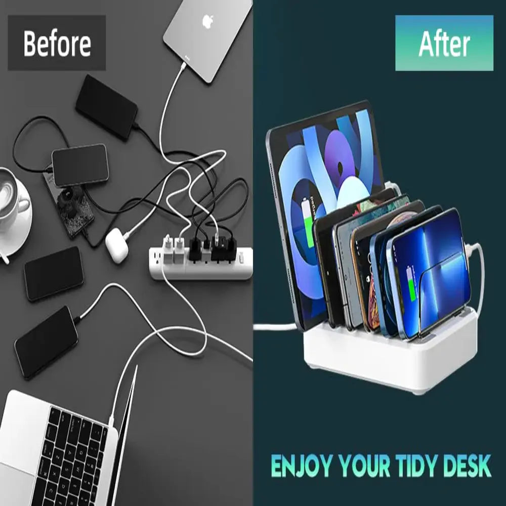 6-Port USB Charging Station with Adjustable Device Slots and Detachable Holders