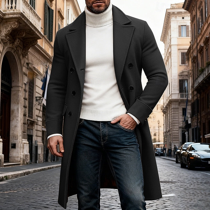 Double Breasted Overcoat with Tailored Fit and Front Pockets, Long Length