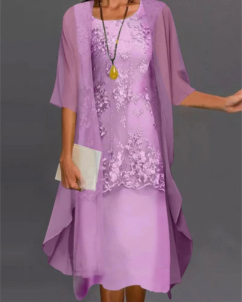 Layered Dress Set with Textured Inner Dress and Flowing Overlay for Formal Events
