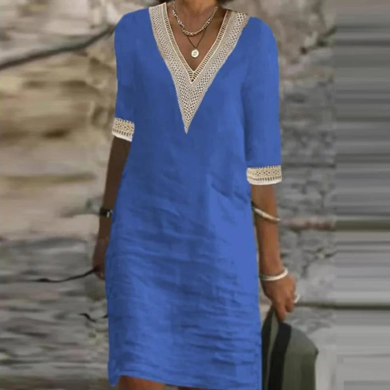 Women's Linen Midi Dress with Relaxed Fit and Short Sleeves