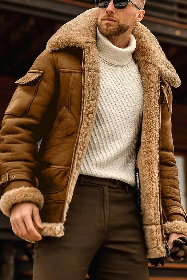 Genuine Sheepskin Jacket for Men with Interior Pockets and Zipper Closure