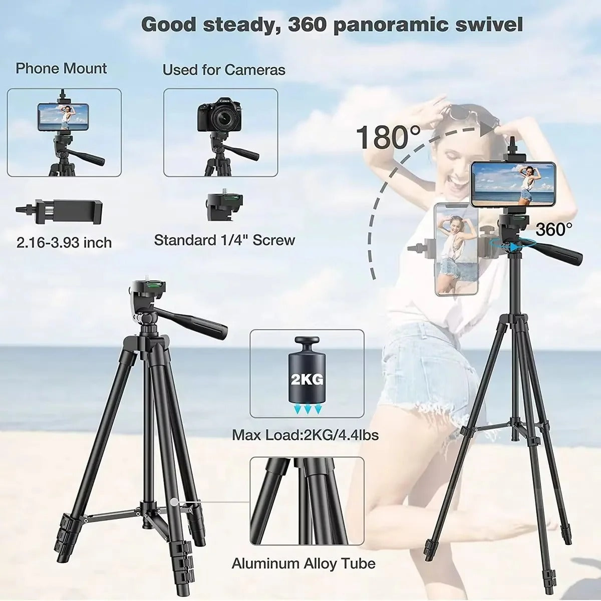 Extendable Tripod Stand with Wireless Remote and Phone Mount for Cameras