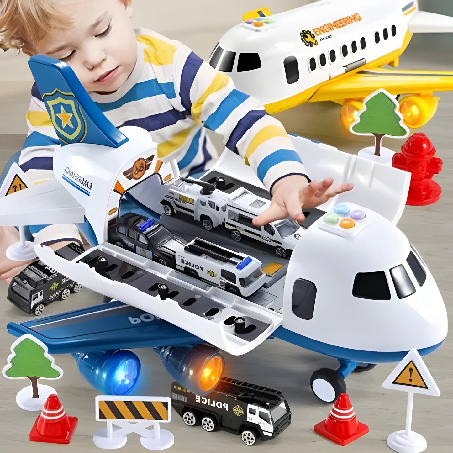 Large Airplane Play Set with Interactive Lights and Sounds, 20-Piece Emergency Vehicle Set