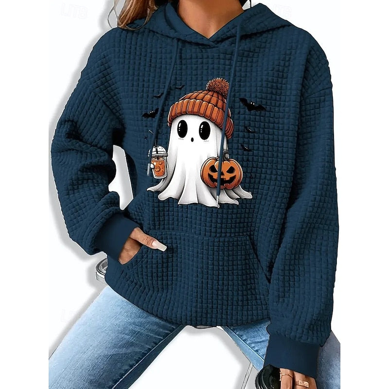 Womens Halloween Hoodie with a Ghost and Pumpkin Design, Front Pocket and a Relaxed Fit in Three Colors