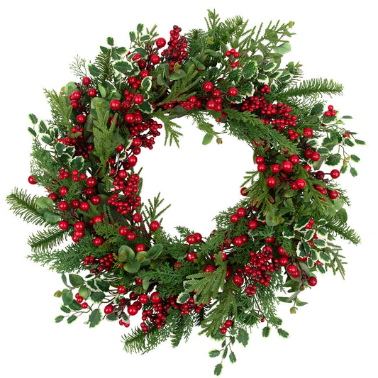 Mixed Pine and Cedar Christmas Wreath with Red Berries and Holly 30 Inch Unlit