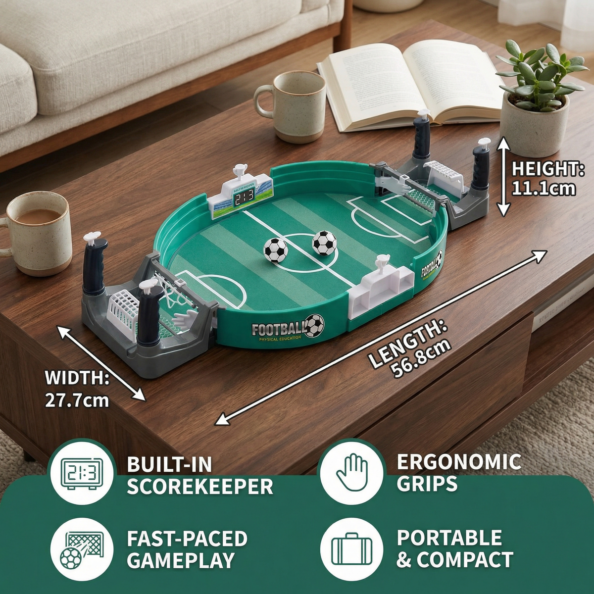 Tabletop Football Game with Sliding Rod Controls and Built-in Scoreboard