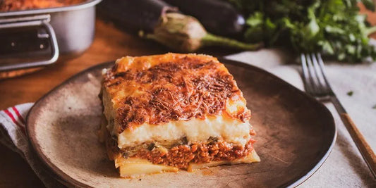 Traditional Moussaka with Eggplant, Meat, and Olive Oil