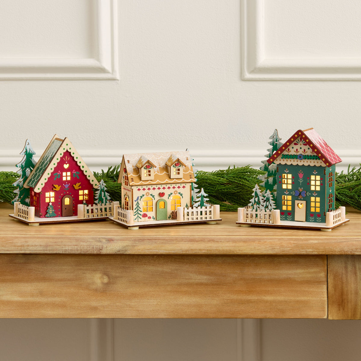 Wood Folk Cottage Set with LED Window Lights and Auto Timer, 3-Piece