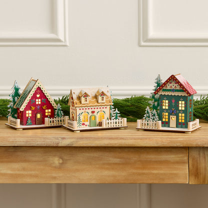 Wood Folk Cottage Set with LED Window Lights and Auto Timer, 3-Piece