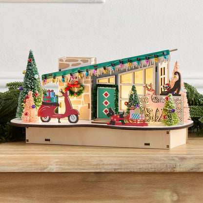 Mid Century Wood Holiday House with LED Lights and Automatic 6 Hour Timer
