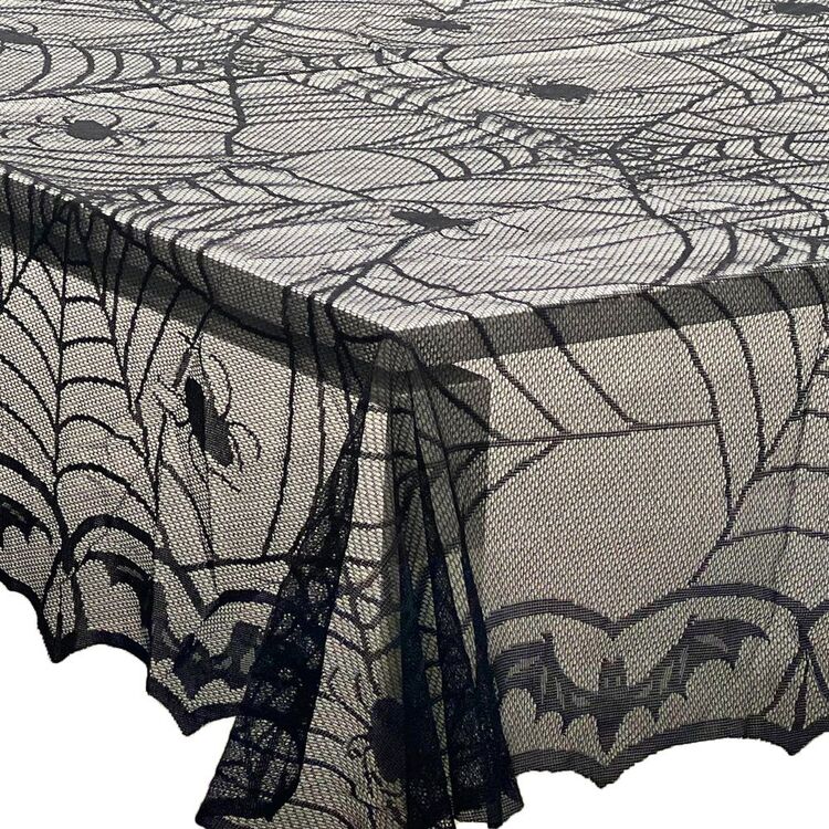 Spider Web Mesh Table Cloth with Halloween Party Decorations and Black Polyester Fabric