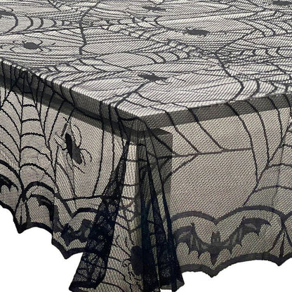 Spider Web Mesh Table Cloth with Halloween Party Decorations and Black Polyester Fabric