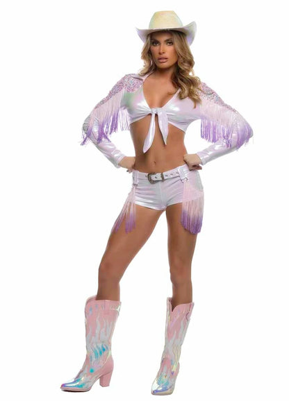 Women's Sequin Cowgirl Costume with Tie Front Crop Top and Fringe Shorts, Belt