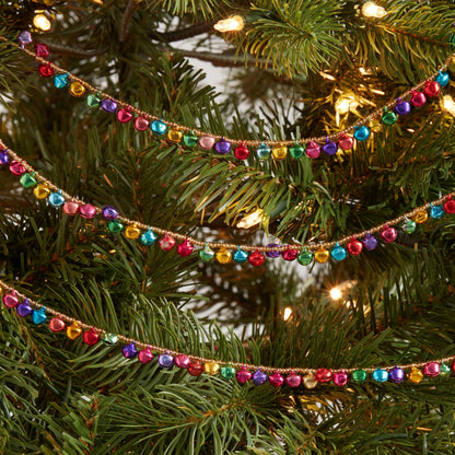 Bell Garland with Rainbow Metal Bells and Gold Bead Strand, 60 Inches