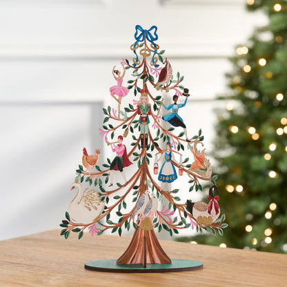 Painted Wooden Holiday Tree with Glitter Finish and Carol Artwork, 17 Inches Tall