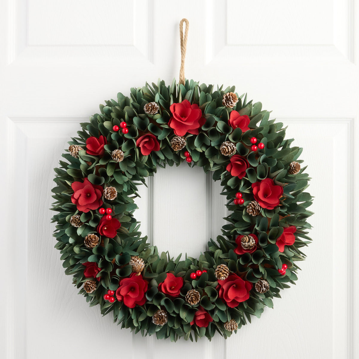 Wood Curl Christmas Wreath with Red Flowers and Pinecones, Jute Hanger Included