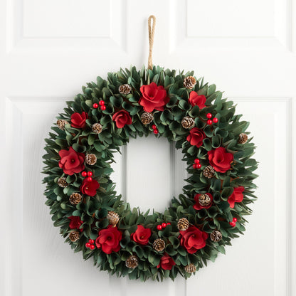 Wood Curl Christmas Wreath with Red Flowers and Pinecones, Jute Hanger Included