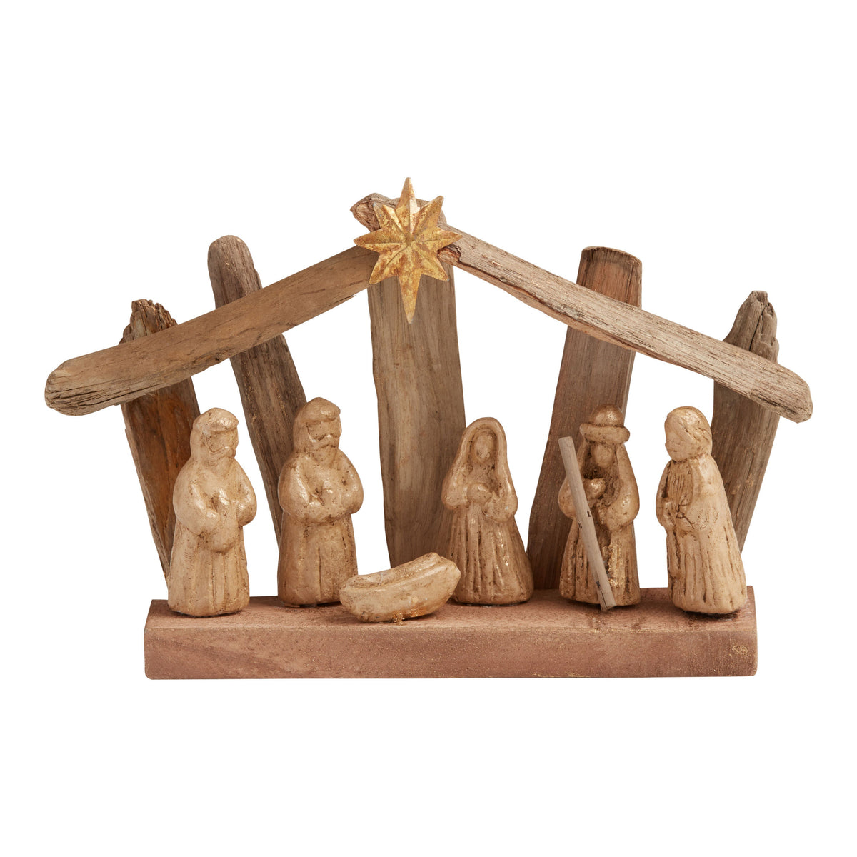 Driftwood Nativity Scene with Gold Wash Figures and Metal Star, 10 Inches Wide