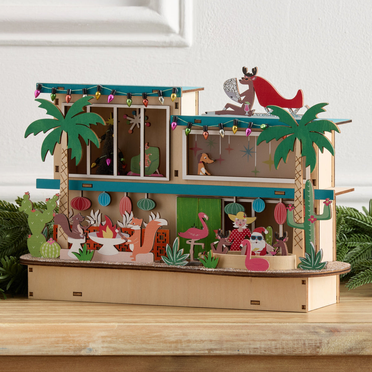LED Wood Vacation House with Automatic Timer and Retro Holiday Scene