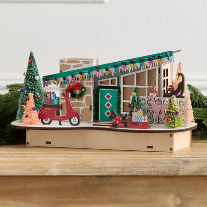 Mid Century Wood Holiday House with LED Lights and Automatic 6 Hour Timer
