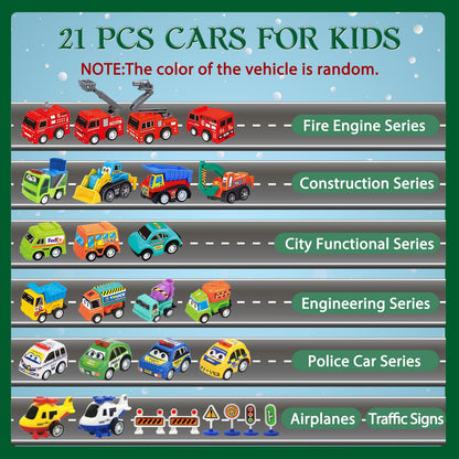 Pull Back Vehicle Advent Calendar with 21 Toy Cars and Traffic Signs for Ages 3+