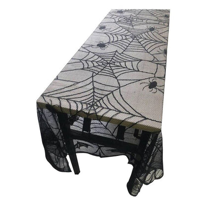 Spider Web Mesh Table Cloth with Halloween Party Decorations and Black Polyester Fabric