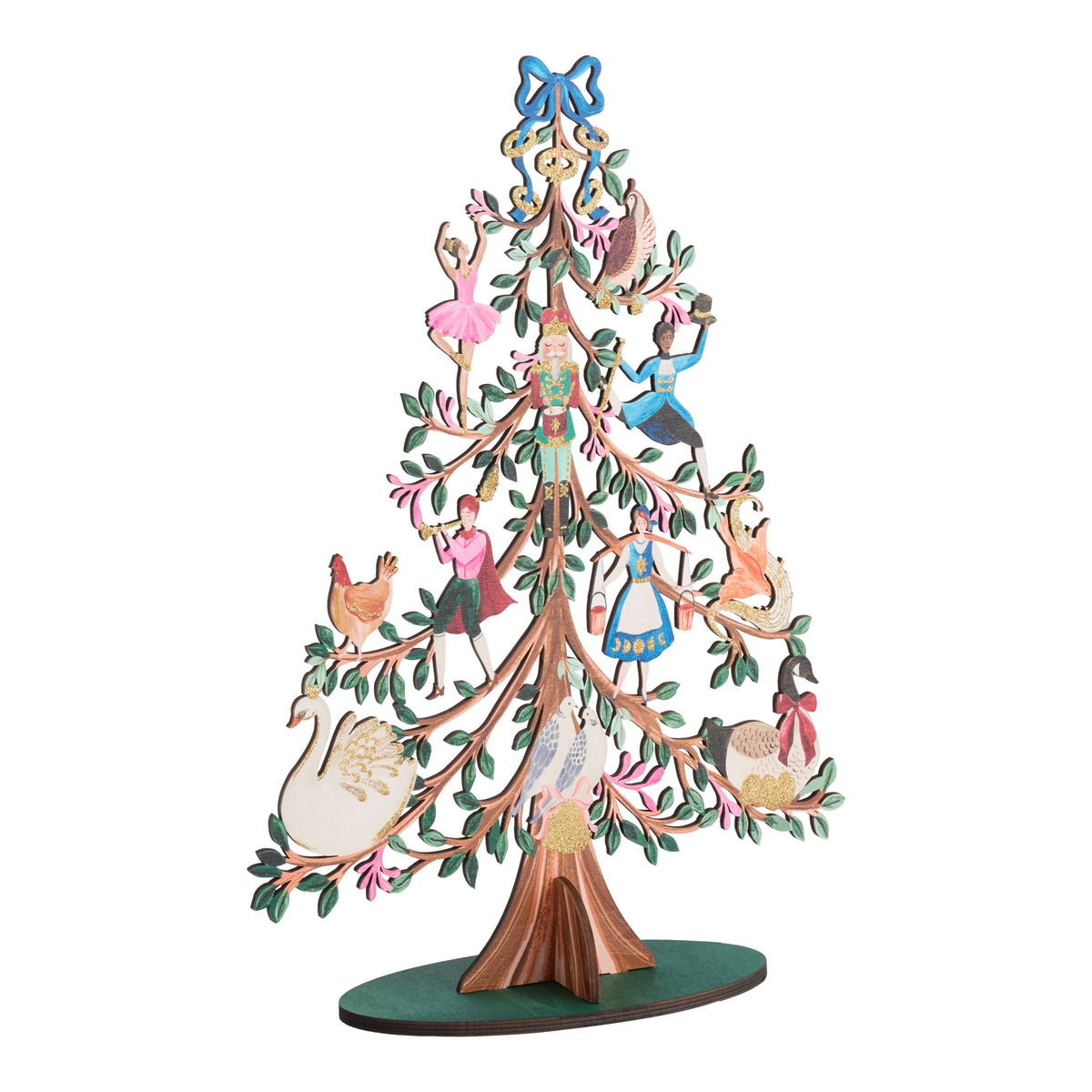 Painted Wooden Holiday Tree with Glitter Finish and Carol Artwork, 17 Inches Tall