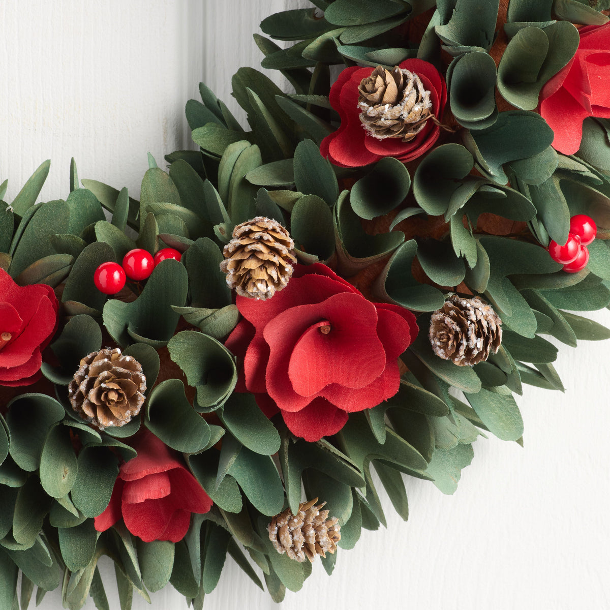 Wood Curl Christmas Wreath with Red Flowers and Pinecones, Jute Hanger Included