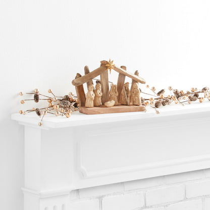 Driftwood Nativity Scene with Gold Wash Figures and Metal Star, 10 Inches Wide