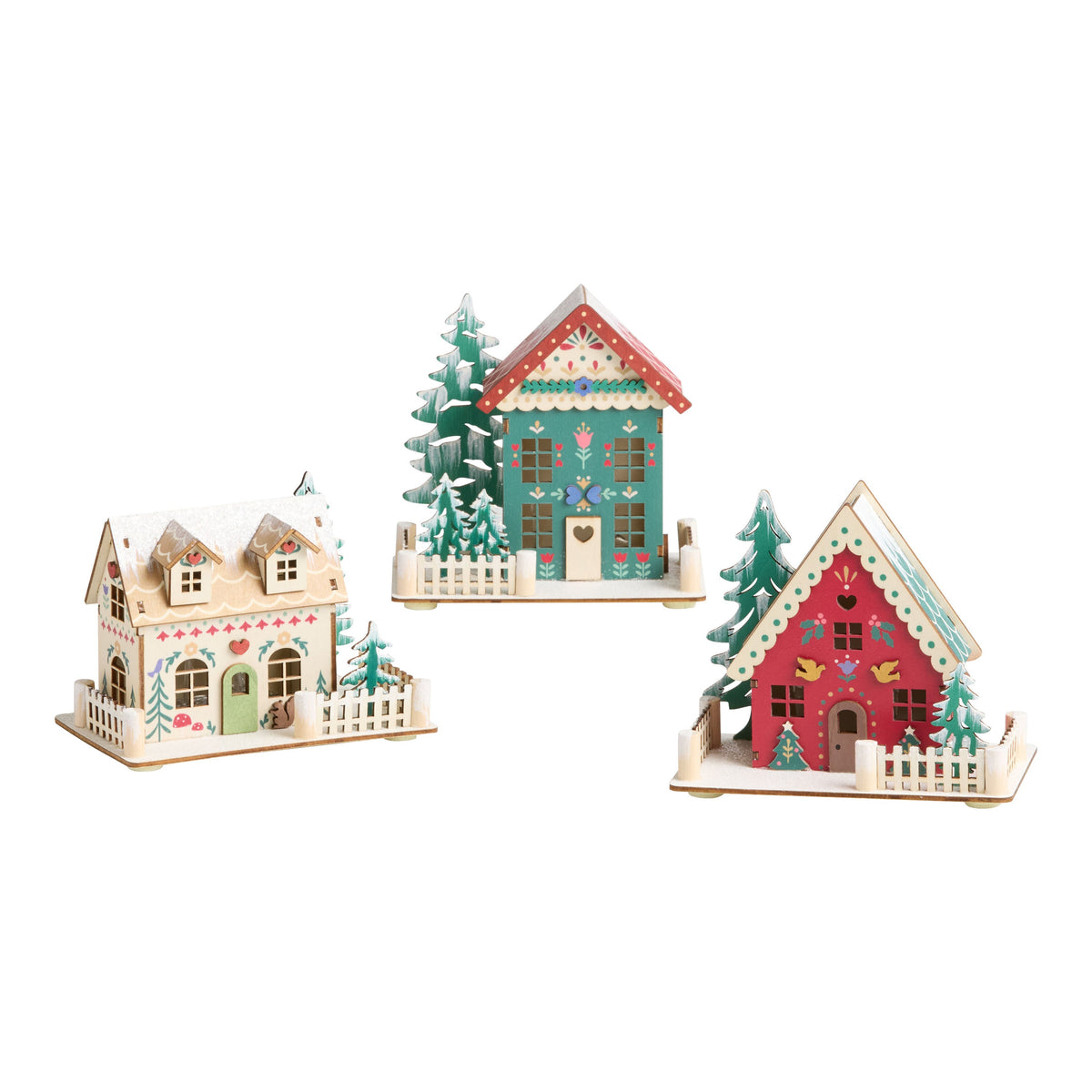 Wood Folk Cottage Set with LED Window Lights and Auto Timer, 3-Piece