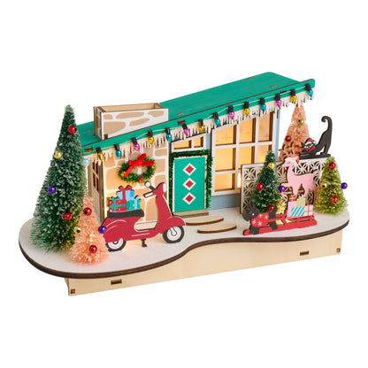 Mid Century Wood Holiday House with LED Lights and Automatic 6 Hour Timer