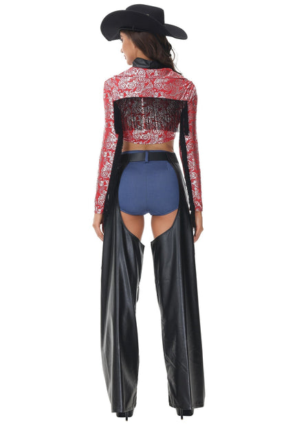 Fringe Cowgirl Costume Set with Floral Crop Top and Open Side Pants