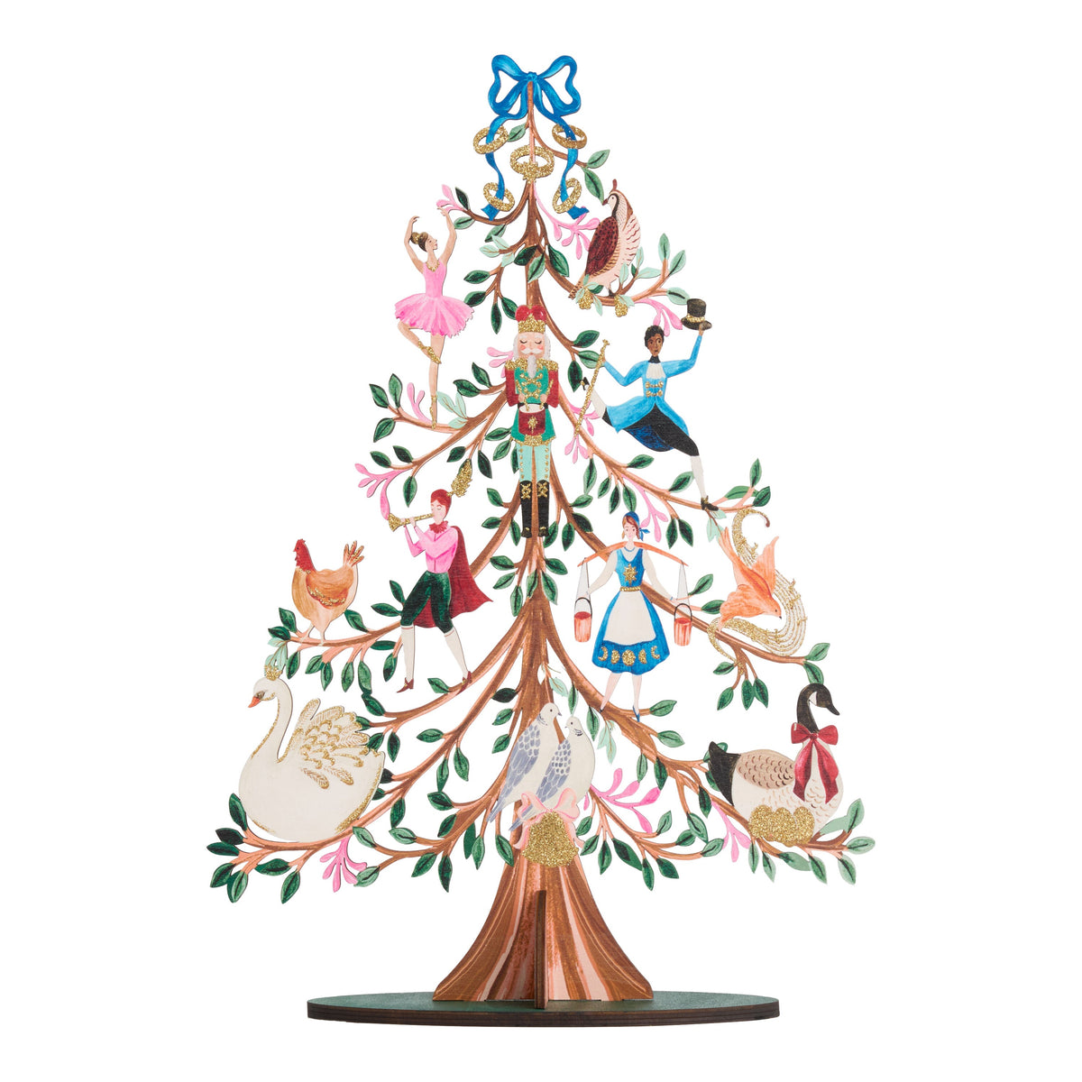Painted Wooden Holiday Tree with Glitter Finish and Carol Artwork, 17 Inches Tall