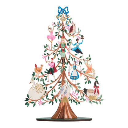 Painted Wooden Holiday Tree with Glitter Finish and Carol Artwork, 17 Inches Tall