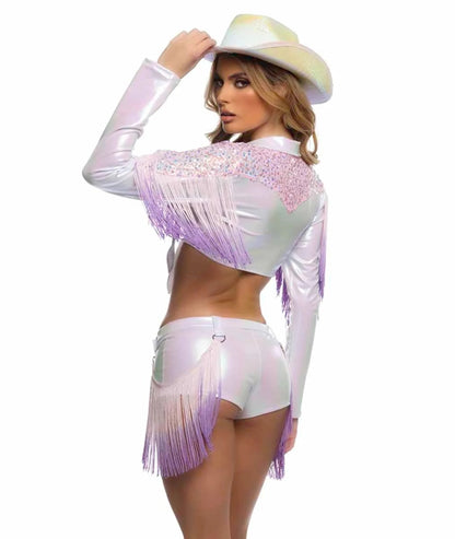 Women's Sequin Cowgirl Costume with Tie Front Crop Top and Fringe Shorts, Belt